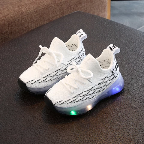 LED lighting flashing luminous fly knit breathable Lovely baby boys children kids shoes sneakers