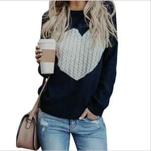 Long Sleeve Women Sweater Front Heart Crew Neck Sweater For Valentines Day