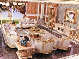 Luxury French Baroque Bright Color Living Room Sofa Set/Royal Palace Hand Carved Fabric Sofa/European Living Room Furniture