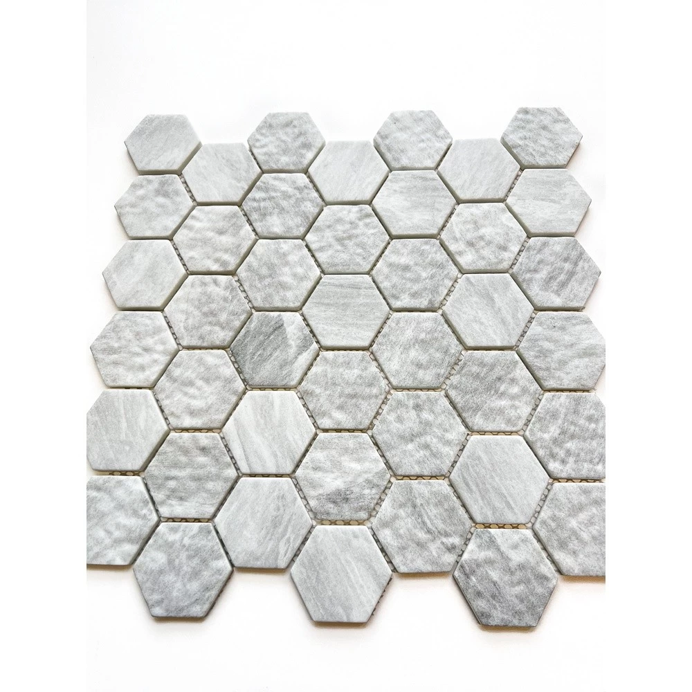 Marble look 2" hexagon recycled glass mosaic tile for wall