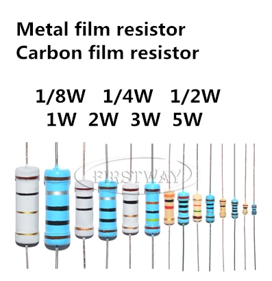 Metal film/ Carbon film/ Color code resistor  DIP 1/8W 3/4W 1/4W 1/2W 1W 2W 3W 5W  0.1/2.2/3.3/4.7/100/Ohm 1K 10K 22K 47K 1M