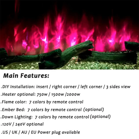 Modern 3D Electric Fireplace Heater Insert Fire Place 7 Multi Color LED Flame with Log Set