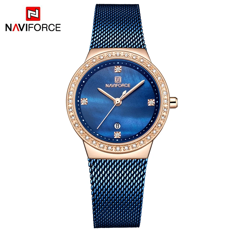 NAVIFORCE NF5005 Women Newest Mesh Stainless Steel Watches Japan Quartz Date Display Bracelet Wristwatch