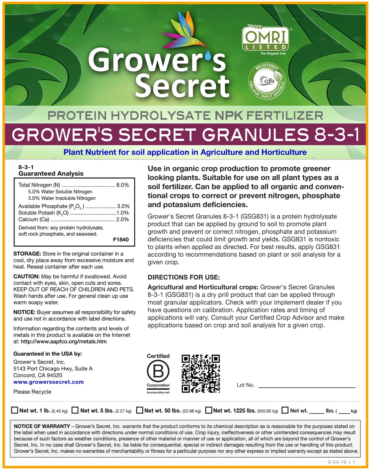 New design Grower&#x27;s Secret Granules 8-3-1 Protein Hydrolysate NPK Fertilizer