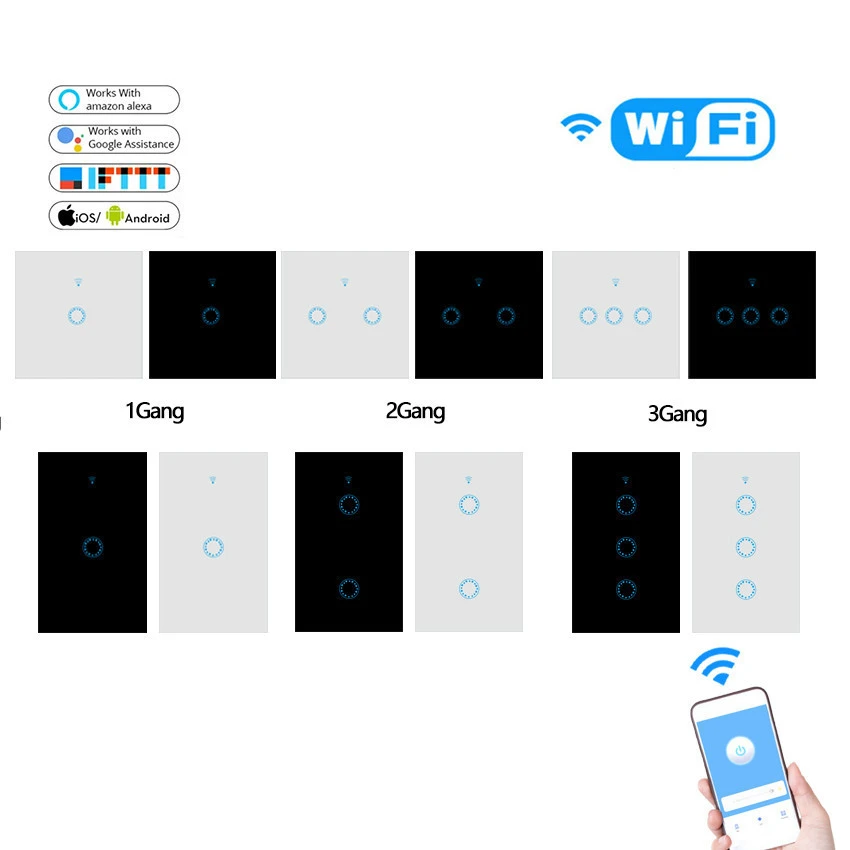 New EU/US/UK 1/2/3 Gang Wi-Fi Wall Light Wireless Touch Switch white Control APP Work with Alexa Google Home