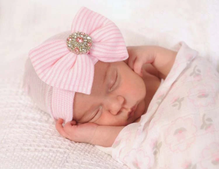 Newborn Hospital Hat Infant Baby Hat Cap with Big Bow and crystal Soft Cute Knot Nursery Beanie