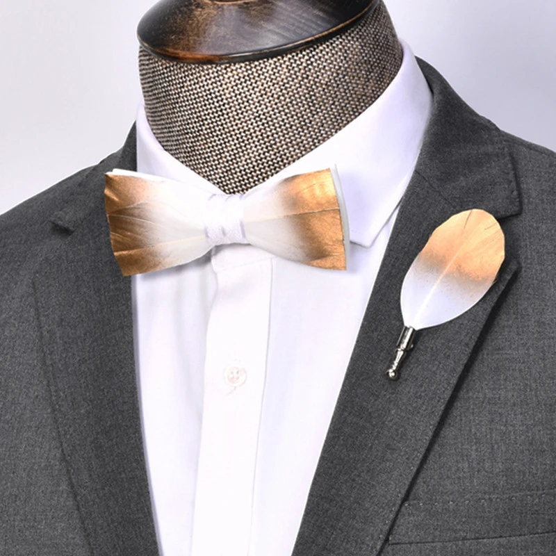 Newest Design  Business Men Natural Feather Pre Bow Tie and Brooch Pin Party Bowtie for Man