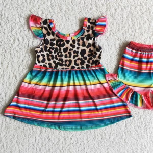 No MOQ Childrens Clothes Leopard Print Color Striped Girls Set Children Baby Girl Clothing RTS