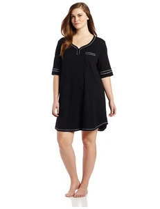 OEM 2015 wholesale Womens Plus-Size embroidered Contrast stitching sleepwear Henley long wholesale nightshpolyester Nightshirt