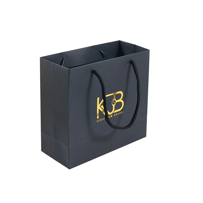 OEM Custom Luxury Shopping Bag Black Hot Foiled Art Coated Paper Bag With PP Handle Rope