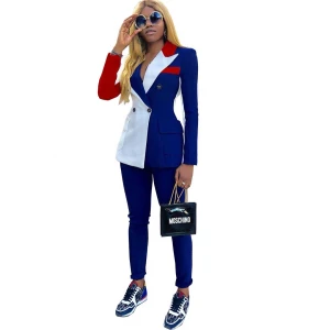 OEM Splicing Solid Color Long Sleeve Deep V Tracksuit Sweatsuit Suits Winter Women Two Piece Set