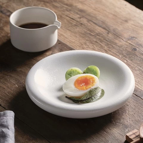 Original handmade white tableware Japanese flat bottom salad plate Western food plate dinner plate