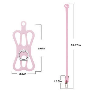 pink  color silicone rubber  phone holder lanyard  with finger ring for phone stand and safety protect