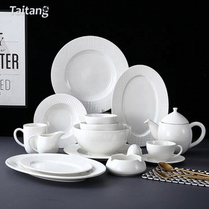 Restaurant Elegant White Ceramic Tableware Solid Color Texture Dinnerware Sets Ceramic Bowl And Plate Set Ceramic