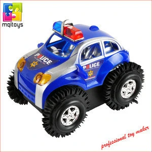 Rolling battery operated toy vehicle flip over police car