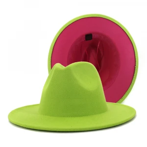 Rose Red Green Patchwork Women Unisex Panama Wool Felt Fedora Hats Ladies Wide Brim Party Trilby Cowboy Hat Fashion Jazz Hat