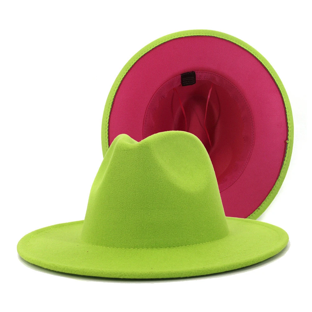 Rose Red Green Patchwork Women Unisex Panama Wool Felt Fedora Hats Ladies Wide Brim Party Trilby Cowboy Hat Fashion Jazz Hat