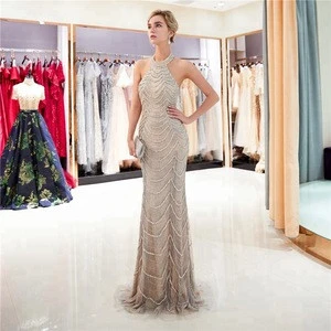 Sexy Backless  Champagne Crystal Evening Dresses 2018 Beaded Lace 3D Floral sequined beaded crystal Prom gowns