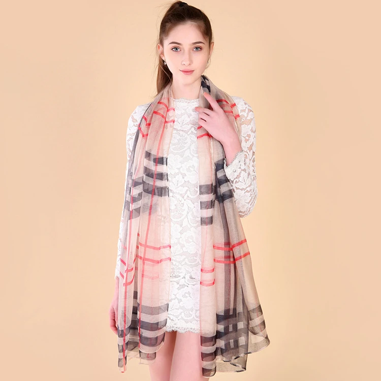 Spring  new female classic plaid Imitated Silk Fabric scarf simple versatile sunscreen imitation beach towel silk shawl scarf