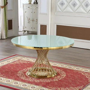 Stainless steel gold round mirror glass wedding dining table set