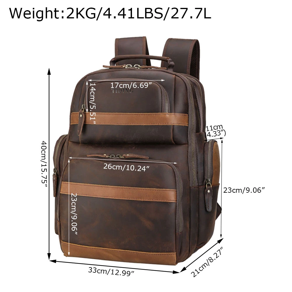 Tiding Custom Logo Brown Usb Multi Pocket Cow Genuine Leather Men Travel Laptop Backpack Leather Back Pack Bag