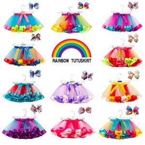 Toddler&#39;s rainbow ball gown skirt baby girls tutu skirt with bow hair accessories