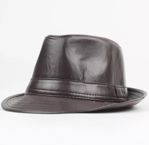 Vintage British Jazz Hat Fashion Style PU Leather Fedora Hats Men