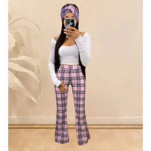 White Long Sleeve T-shirt Classic Plaid Printed Pants Flare Trousers Scarf Women Outfits Three Pieces Set With Headband