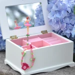 White Wooden Mirror Musical Jewelry Wind Up Hand Crank Ballerina Girls Music Box
