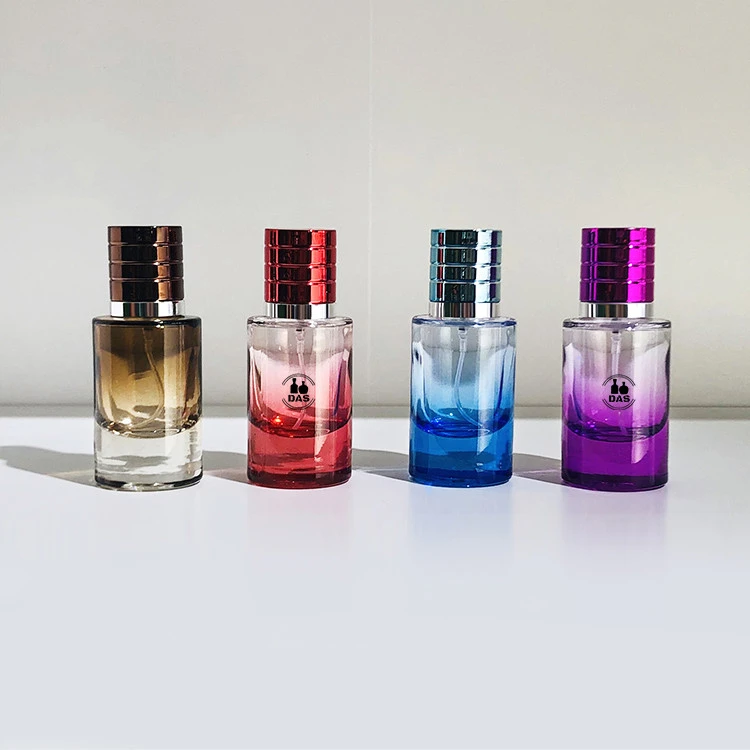 Wholesale Luxury 30ml Clear Purple Colorful Cylinder Shape Refillable Round Mist Spray Pump Glass Perfume Bottle with Screw Lids