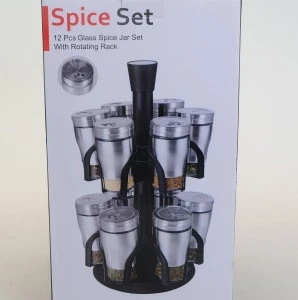 Wholesale mini glass spice jar set with metal sleeve and  rotating stand set customs color and gift package factory price