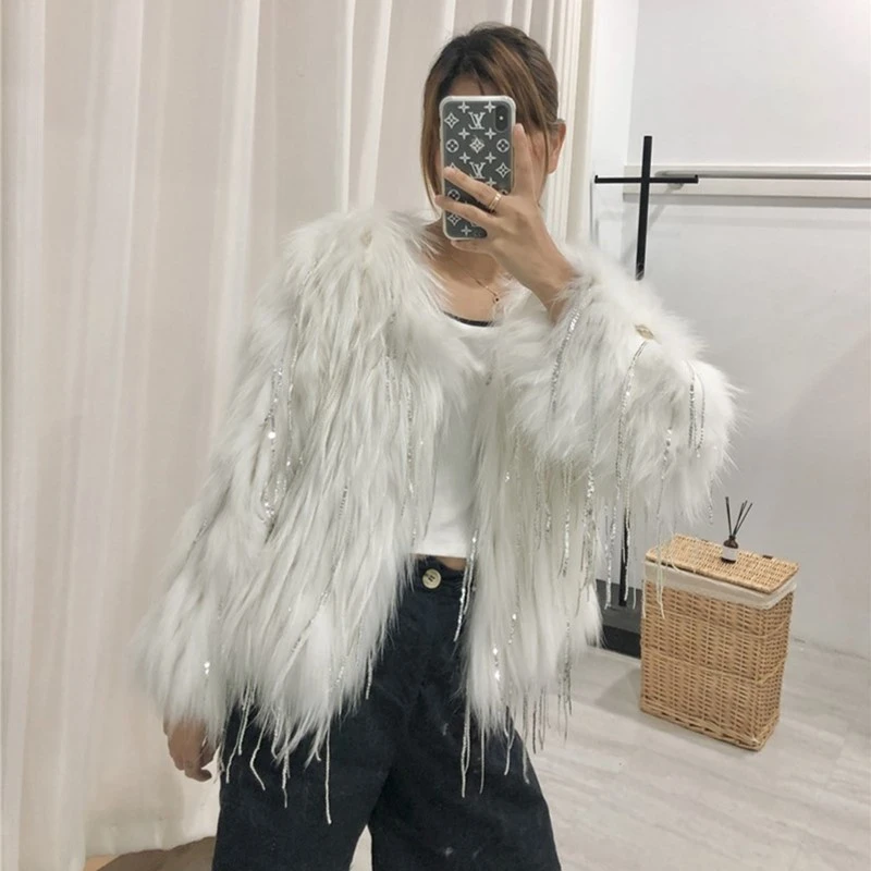 Wholesale Real Raccoon Fur Coat Women Genuine Fur Jacket With Sequins Lady Fur Outerwear