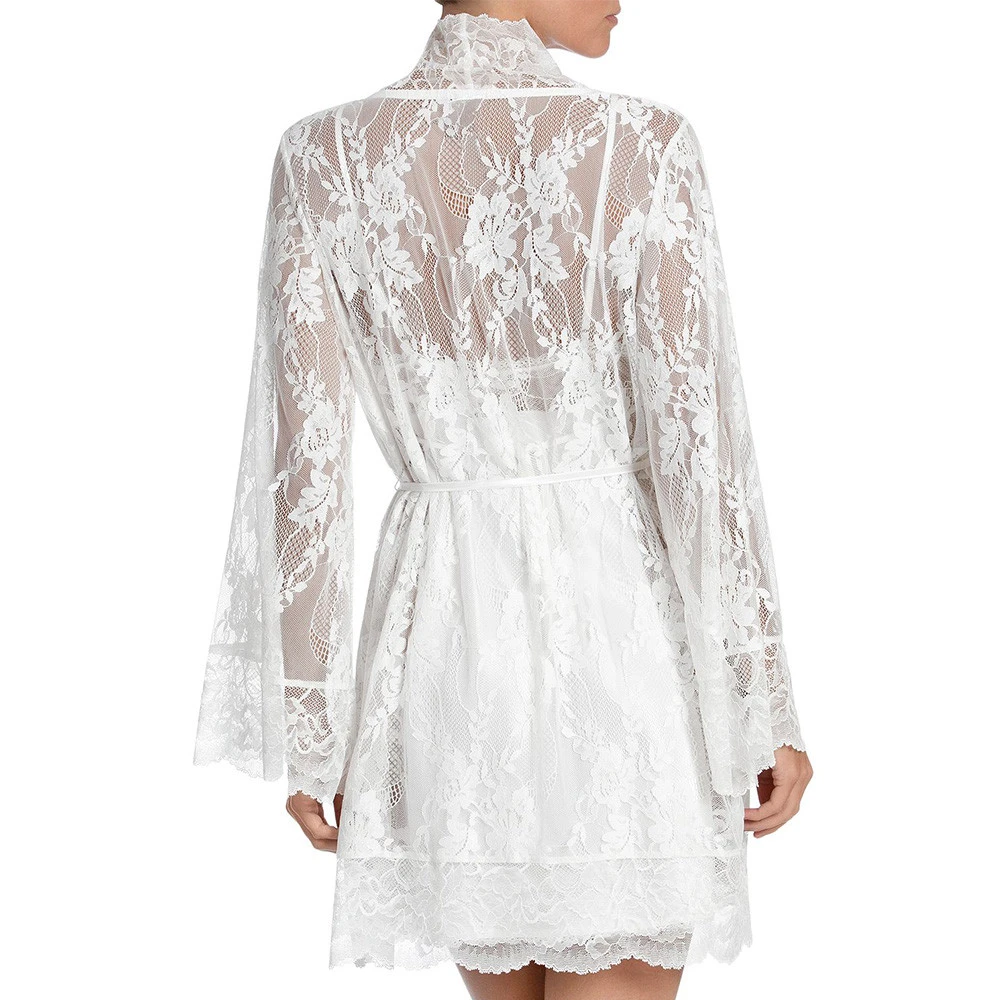 Women White Lace Mesh Robes Short Style Lace Nightwear Long Sleeve Bridesmaid Wedding Mesh Robes
