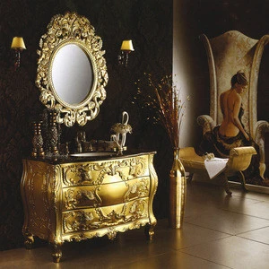 WTS201 foshan manufacturer made luxury antique golden bathroom vanity with double basin