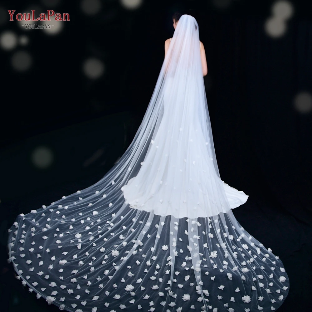 YouLaPan V20 3m long ivory color veils with haircomb High quality Soft Tulle handmade appliques wedding veils bridal