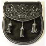 Scottish Black Leather Celtic Embossed Dress Sporran with Chrome Tassels for Highland Kilt Outfit