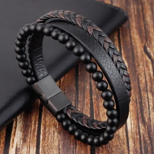 Natural Stone Volcanic Lava Stone Leather Stainless Steel Leather Braided Bracelet Multi-layer Men's Titanium Steel Jewelry