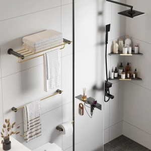 Luxury Bathroom Design Wall Mount Gold Black Brass 6 Pieces Bathroom Accessories Set