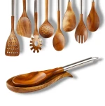 10-Piece Acacia Wooden Utensils for Cooking - Non-Stick Wooden Spoons With Metal Handle for Cooking - Kitchen Gift Set