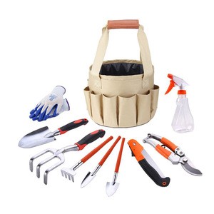 10 pieces Garden hand tools set Watering can Pruning shear Fork Shovel Foldable saw Trowel Rake Gloves bag kit