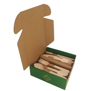 100pcs disposable biodegradable wooden spoon fork knife cutlery/flatware set in mailer box packing with amazon sku barcode