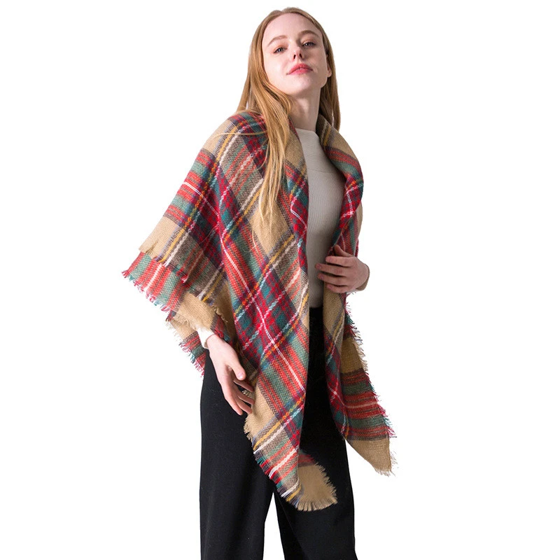 140x140cm acrylic square thick winter scarves tartan plaid scarf shawl