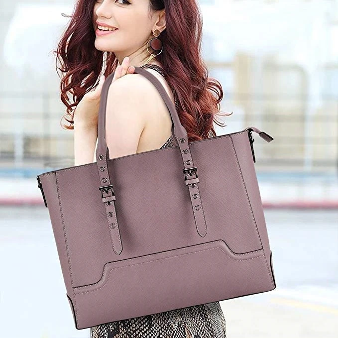 15.6 Inch Laptop Tote Multi-Pocket Work Tote Bag Leather Computer Bag Woman