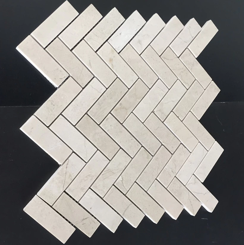 1x2 herringbone beige marble shower floor mesh backed mosaic tiles