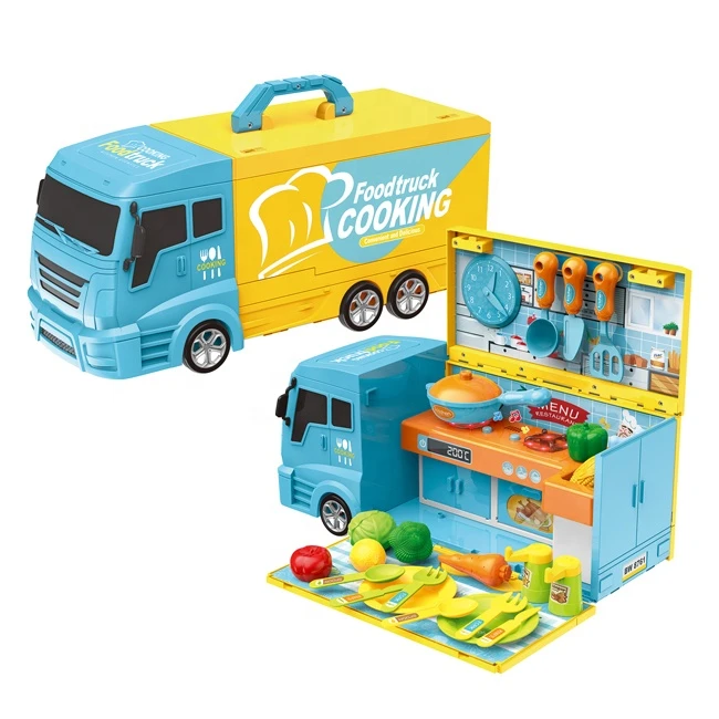2 in 1 deluxe kid 33 pcs mobile kitchen cooking truck toys multifunctional kids kitchen set with light and sound