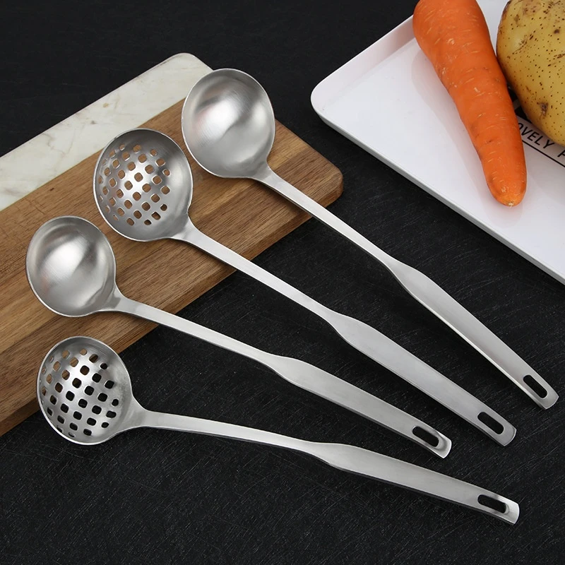 2 PCS Slotted Spoon and Soup Ladle 201 Stainless Steel Cooking Skimmer Cookware Utensil Thickening Long Handle