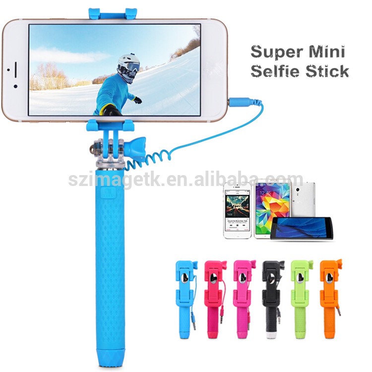 2015 new design cable mini selfie stick with foldable holder,wired selfie monopod