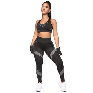 2020 Active Wear Black Printed Pattern Women Fitness Bra Legging 2PCS Yoga Set