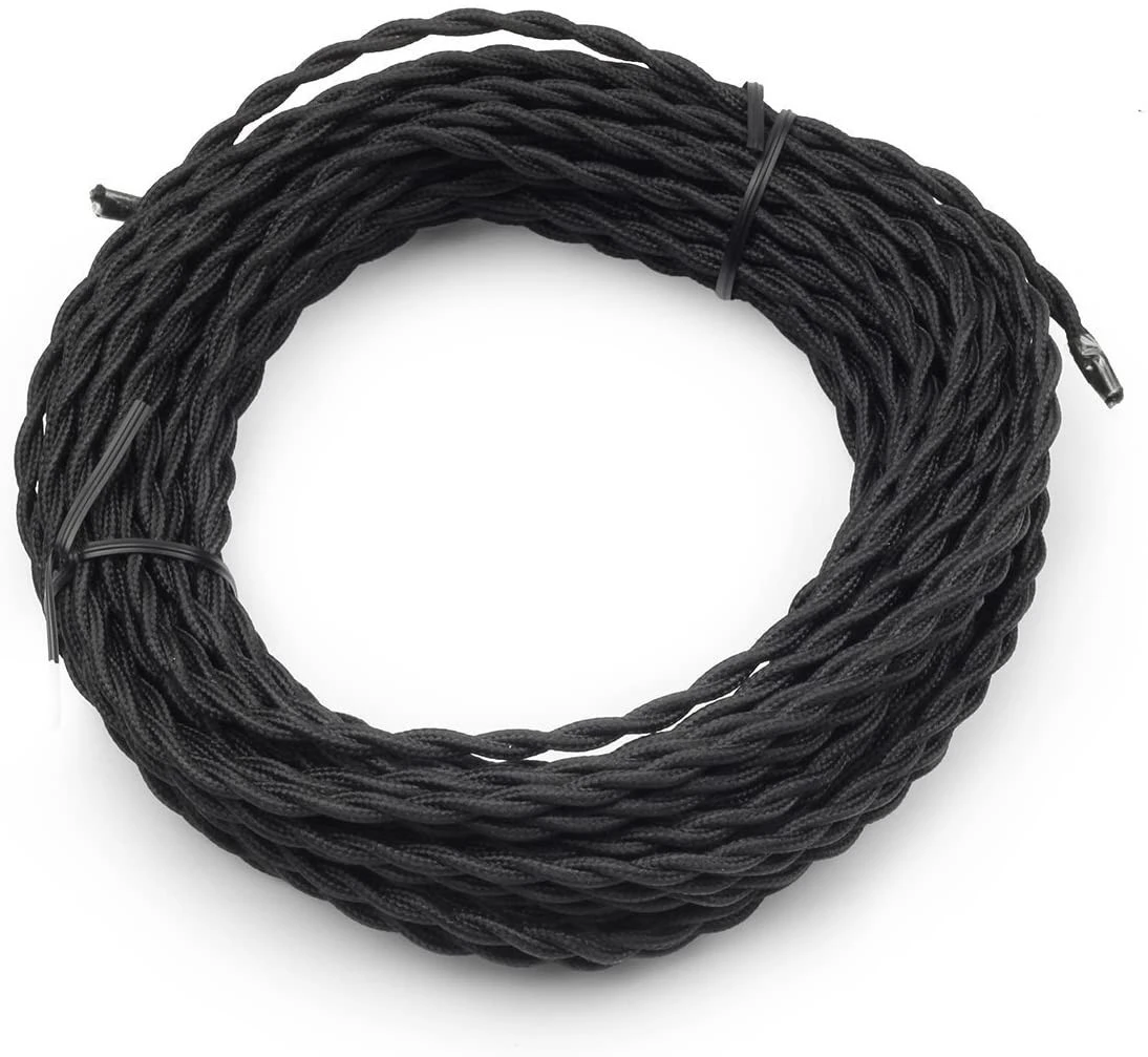 2*0.75 Black Twisted Cloth Covered Wire Antique Industrial Fabric Electrical Cord Cable Vintage Style Lamp Cord
