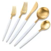 24 Piece Gold Royal Stainless Steel Two Tone Steak Dinnerware Cutlery Set Flatware White and Matte Gold Plated Silverware Set
